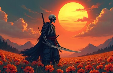 Obraz premium Skeleton warrior with katana sword stands in orange flower field. Large sun sets behind mountains. Dramatic sky with clouds adds atmosphere. Undead fighter wears armor and cape.