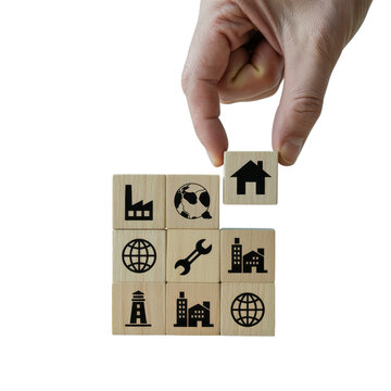 Vibrant photo of Hand placing wooden cube with house icon on stack of blocks isolated on transparent background