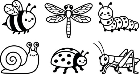 Plakat Cute black and white line art smiling bee dragonfly caterpillar snail ladybug and grasshopper set vector illustration