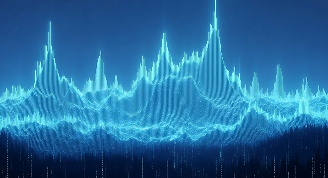 Abstract glowing audio waveform visualization representing digital sound energy, music frequency spectrum analysis, futuristic signal processing technology and data driven sound waves on dark backgrou