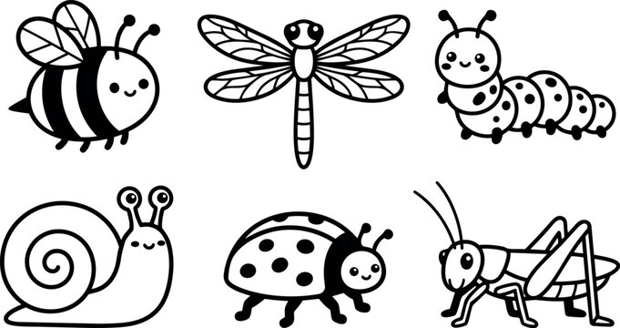 Cute black and white line art smiling bee dragonfly caterpillar snail ladybug and grasshopper set vector illustration