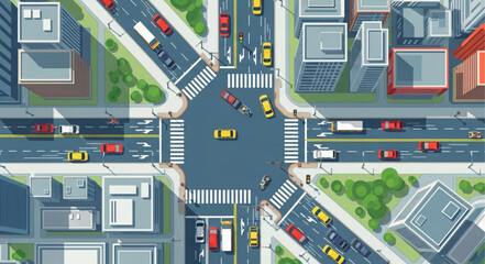 Aerial View of City Intersection with Traffic and Buildings.