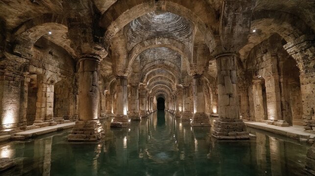 A photograph of an ancient Roman "natatio", an underground pool with arched walls and columns, bathed in moonlight. The water reflects light from above as it gently ripples across its surface.
