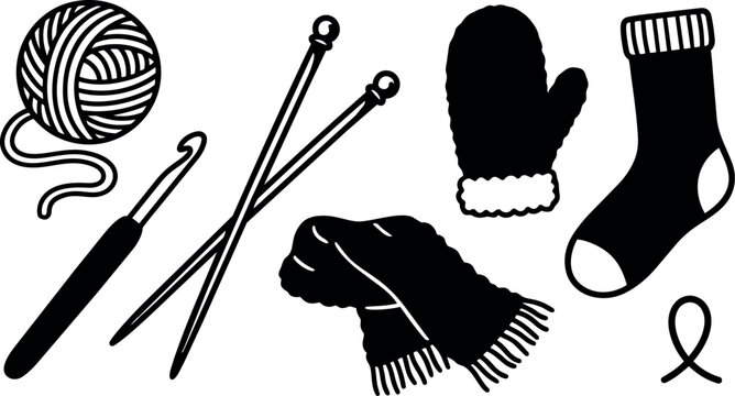 Black and white vector art of knitting yarn crochet hook knitting needles winter mittens warm scarf and wool sock icons
