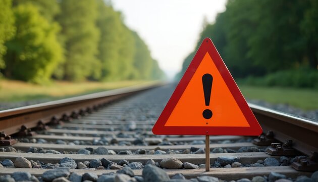 Orange warning sign with exclamation mark on train track. Sign alerts about potential delay or disruption on rail line. Expect changes to travel schedule.