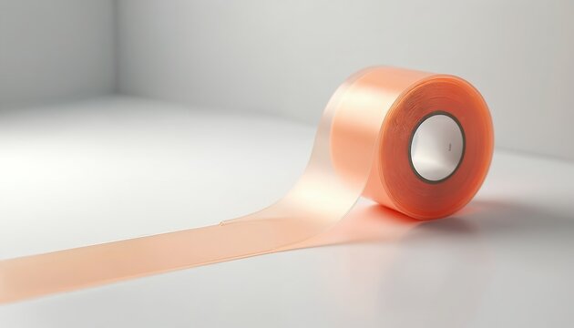 Roll of translucent peach silicone scar tape lies on white surface. This medical aid helps heal skin wounds. It offers scar management and recovery.