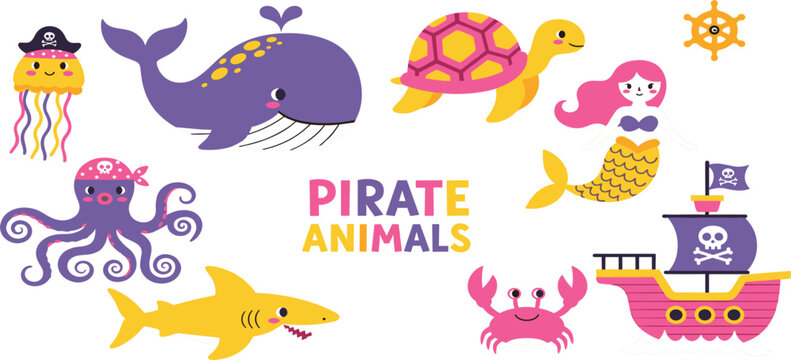 Cute pirate animals vector set with whale turtle shark octopus jellyfish mermaid crab and cartoon pirate ship illustration