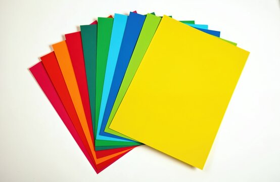 Many colored sheets of paper fanned out on white background. Bright rainbow colors like yellow, blue, green, red, orange. Flat lay composition of cardstock for art, crafts, or office use.