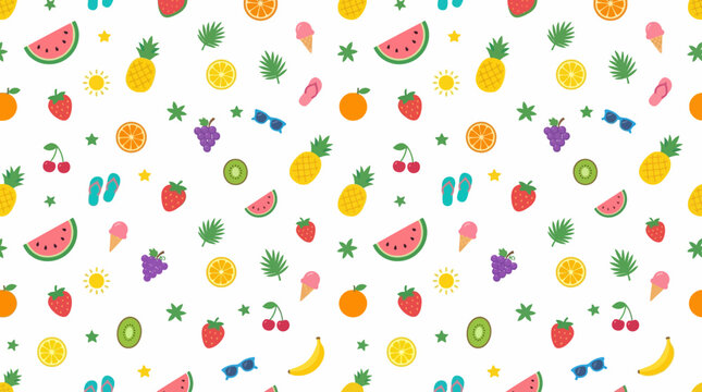 Seamless colorful summer fruit pattern with playful tropical slices.