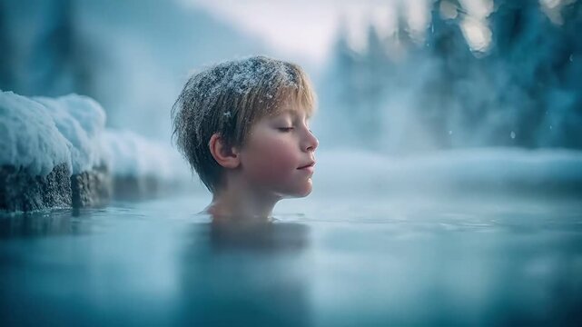 Geothermal hot springs resort, spa, bath pool, winter relaxation vacation theme. A young boy in a cold, icy pool, his eyes closed, surrounded by snowcovered rocks. The background is blurred.
