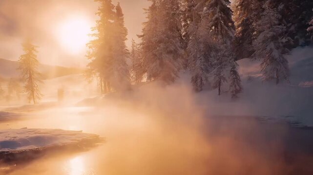 Geothermal hot springs resort, spa, bath pool, winter relaxation vacation theme. A wintery scene with snowcovered trees and a river in the foreground, illuminated by the setting sun.