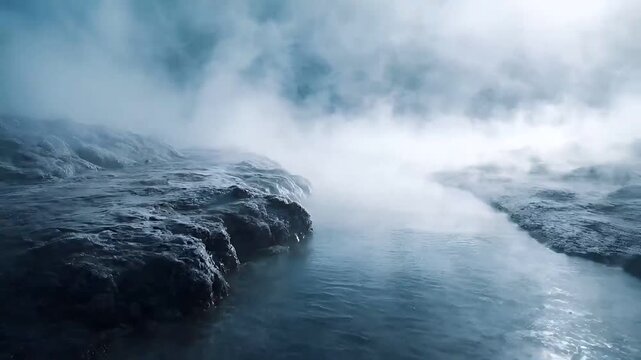 Geothermal hot springs resort, spa, bath pool, winter relaxation vacation theme. A dramatic scene of a frozen waterfall cascading down a rocky outcrop in the middle of a body of water.