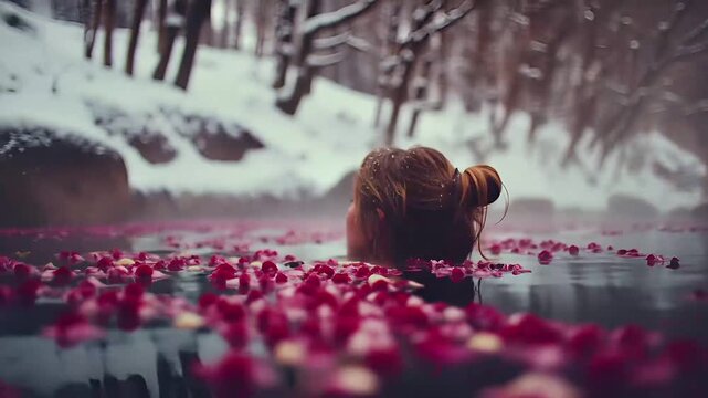 Geothermal hot springs resort, spa, bath pool, winter relaxation vacation theme. A woman floating in a tranquil body of water surrounded by rose petals.
