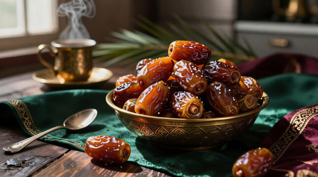 Ramadan breakfast. A traditional brass bowl (tasa) with a generous heap of select Medjool dates. Also, an elegant brass coffee cup (finjan) with fresh, hot Arabica coffee.