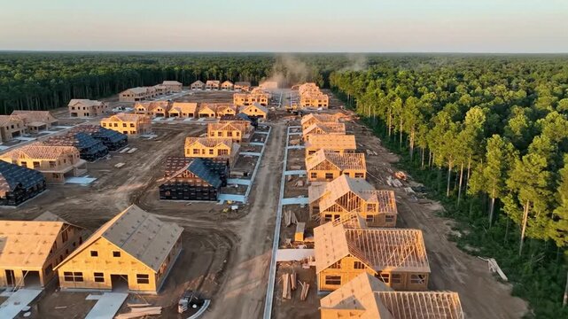 Aerial view of new housing development next to pine forest