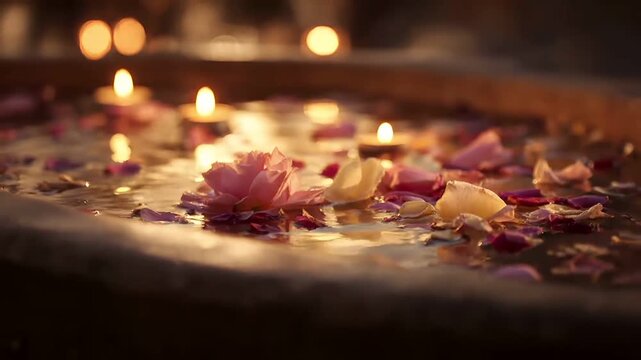 Therapy stress release treatment, health lifestyle. A tranquil scene of floating candles and rose petals in the water, illuminated by the warm glow of the candles and the soft, blurred background.