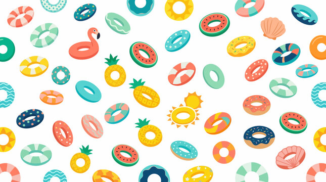 Bright colorful summer pattern of assorted inflatable pool rings and icons.
