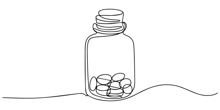 Amber glass bottle with pills continuous one line drawing, line art drawing vector illustration of drugs, medicaments, nutritional supplements from bottle, Bottle with scattered pills, tablets, capsul
