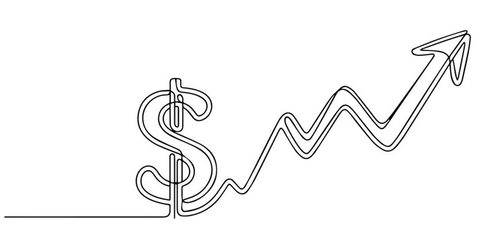 Continuous one line drawing of business growth icon with dollar sign vector illustration, Rising chart with dollar sign and arrow in one line art style. Chart drawing with editable black stroke on pro