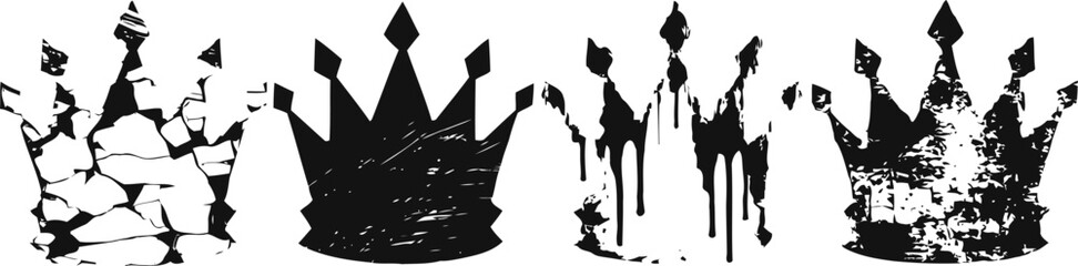 Set of four artistic black crowns with grunge cracked and splattered textures, vintage and urban design elements