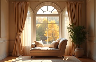 Fototapeta premium Sunlit room interior with chaise lounge. Large window shows autumn trees outside. Beige curtains frame the view. Cozy seating area near potted plant.
