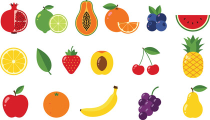 Colorful tropical fruits collection including apple, banana, orange, pineapple, grapes, papaya, watermelon and berries healthy food vector illustration set © EdGe Creative