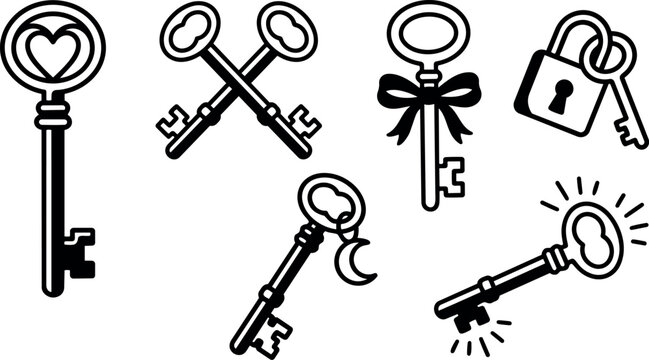 Collection of black and white vintage romantic keys with heart moon bow lock and glowing effect isolated on white background