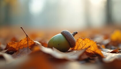 Green acorn rests on autumn fallen leaves ground. Soft bokeh background lights nature forest scene. Oak seed awaits new life in forest floor.
