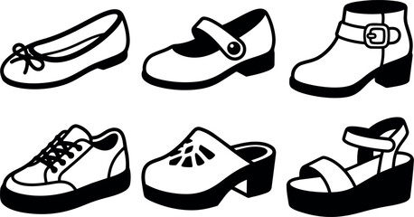 Black and white vector art set of six different shoe styles including ballet flat mary jane boot sneaker clog and platform sandal silhouettes