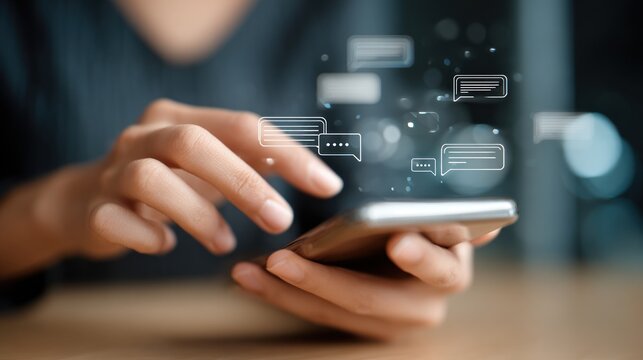 Woman using phone with message bubbles