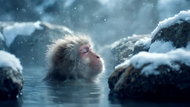Geothermal hot springs resort, spa, bath pool, winter relaxation vacation theme. A Japanese macaque in a hot spring, surrounded by snowcovered rocks. The macaque is in the water.