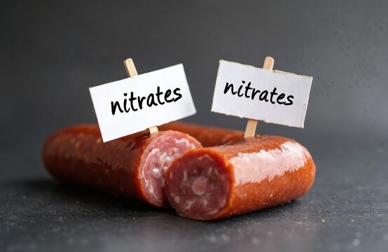 Smoked sausage portion with labels nitrates indicates unhealthy food additives. Close-up view of processed meat with chemical content warning. Danger in diet.