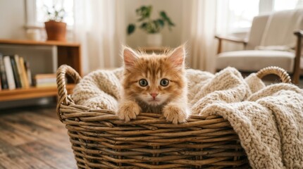 Cute ginger kitten in a cozy wicker basket at home