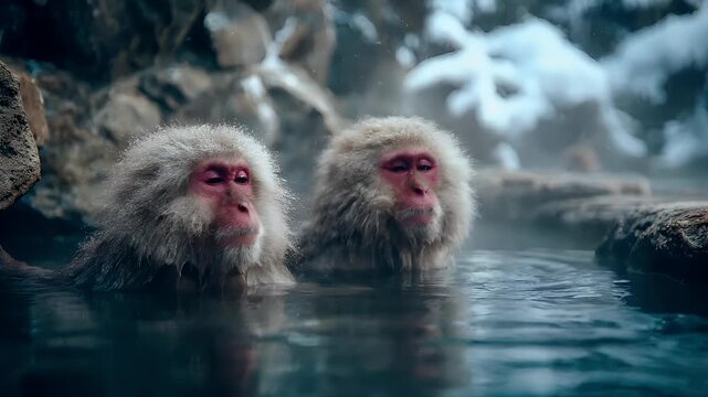 Geothermal hot springs resort, spa, bath pool, winter relaxation vacation theme. Two Japanese macaques in a hot spring, surrounded by snowcovered rocks and a blurred background.