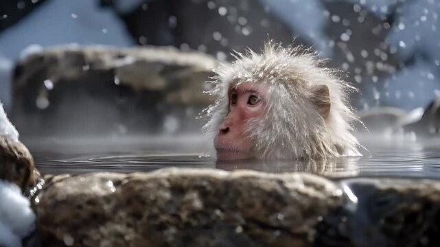 Geothermal hot springs resort, spa, bath pool, winter relaxation vacation theme. A Japanese macaque in a hot spring, its white fur contrasting against the cool blue water. The background is blurred.