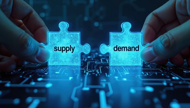 Hands connect glowing puzzle pieces labeled supply and demand on dark digital circuit board. Macro shot shows connection of economic forces balancing market trends, finding solutions.