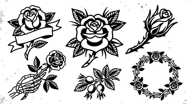 Black and white tattoo flash style rose flower collection with skeleton hand holding rose and thorn crown wreath vector art illustration