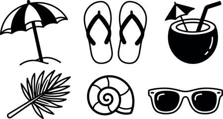 Fototapeta premium Black and white flat design summer icons umbrella flip flops coconut drink palm leaf shell sunglasses collection