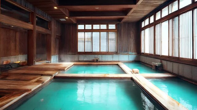 Therapy stress release treatment, health lifestyle. A large indoor swimming pool with wooden floors and large windows, illuminated by lights on the ceiling. The pool is surrounded by wooden walls.