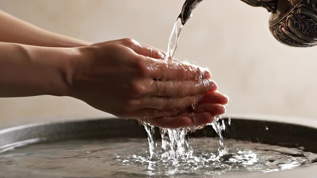 Close-up of female hands catching clean water poured from an antique ewer for hygiene and purification concept in a spa setting