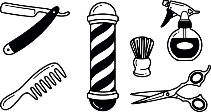 Black and white vector art of classic barber tools including razor comb scissors brush and spray bottle with barber pole