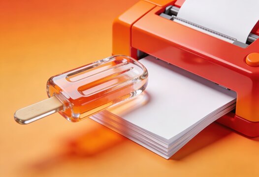Close-up of a vintage orange and white dot matrix printer printing a stack of white paper with a clear plastic popsicle-shaped eraser resting nearby on a vibrant orange surface