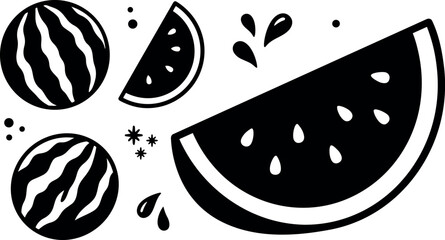 Fototapeta premium Black and white flat design vector of whole watermelon fruit and sliced juicy watermelon piece with seeds and splash droplets