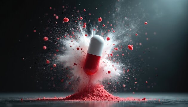 Red, white medicine capsule explodes dispersing powder, tiny particles in cloud of white dust. Medical concept of rapid drug action release. Active pharmaceutical ingredient dispersal in micro burst.