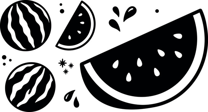 Black and white flat design vector of whole watermelon fruit and sliced juicy watermelon piece with seeds and splash droplets