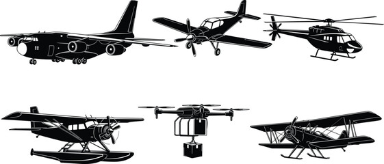 Aircraft silhouettes illustration set, aviation design artwork, cargo jet helicopter drone seaplane biplane vector drawing, transportation concept © Dilip