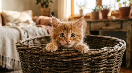 Adorable ginger kitten peeking from wicker basket in cozy living room