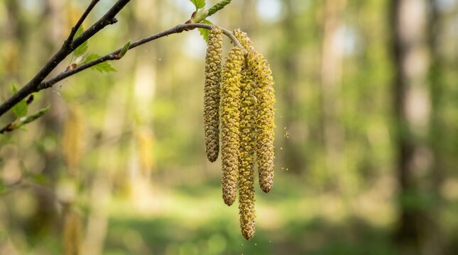 Birch tree catkins hanging on branch in forest representing Pollen Allergy  
