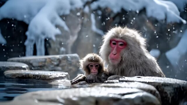 Geothermal hot springs resort, spa, bath pool, winter relaxation vacation theme. Two Japanese macaques, a mother and baby, in a hot spring surrounded by snowcovered rocks.