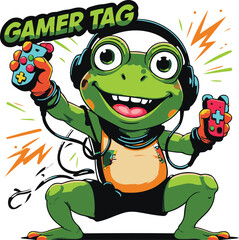 Obraz premium Frog human hybrid gamer holding game controller excitedly, cartoon vector mascot, bold thick black outline, minimal sticker style, white background 1
